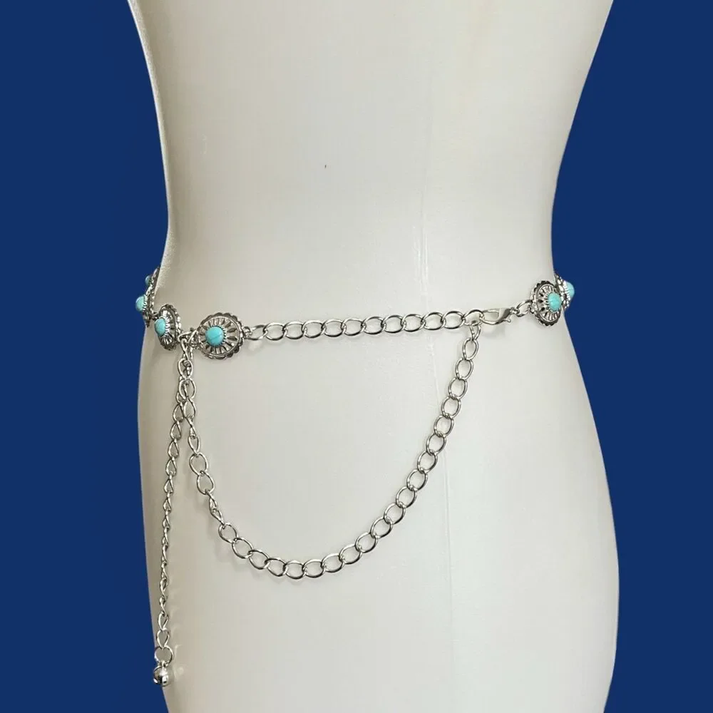 Womens Concho Chain Belt Silver Tone Turquoise Blue Faux Stone Accents 44 inch